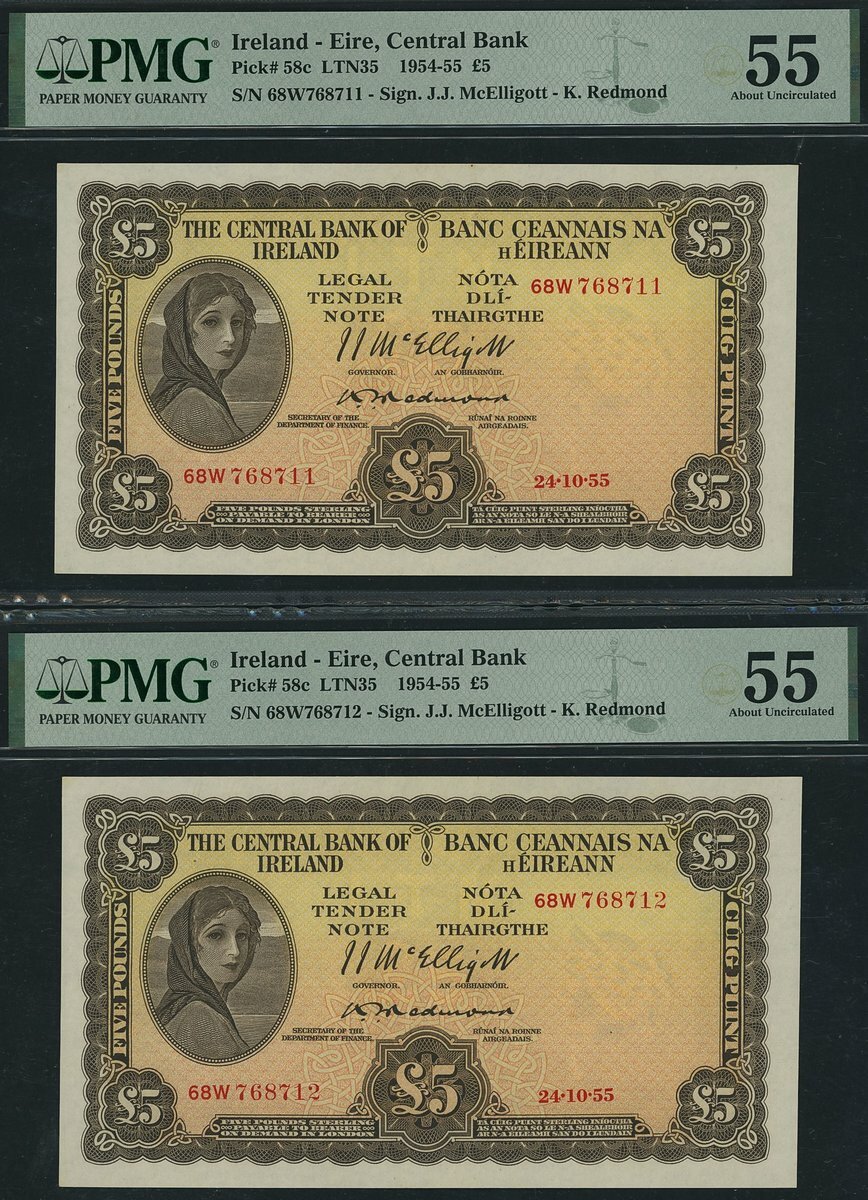 Central Bank of Ireland, [2 notes] £5, 24th October 1955, consecutive ...