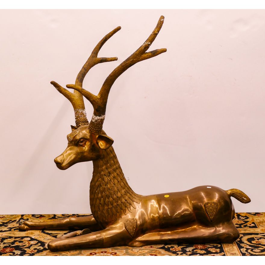 Large Indian Brass Reclining Deer Statue- 35x37''