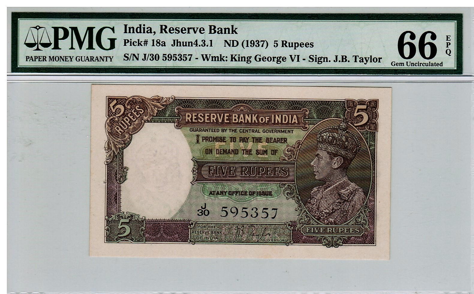 India British Reserve Bank 1937 5 Rupees PMG 66 EPQ - JB Taylor