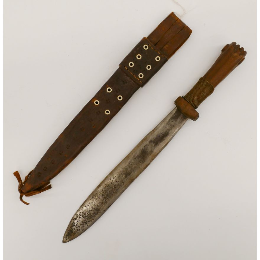 Old African Carved Fist Handle Sheath Knife 16''