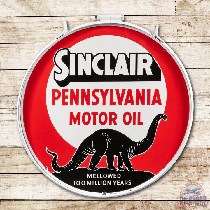 24" Sinclair Pennsylvania Motor Oil Porcelain Sign & Black Dinosaur Logo TAC 9.5 & 9.25