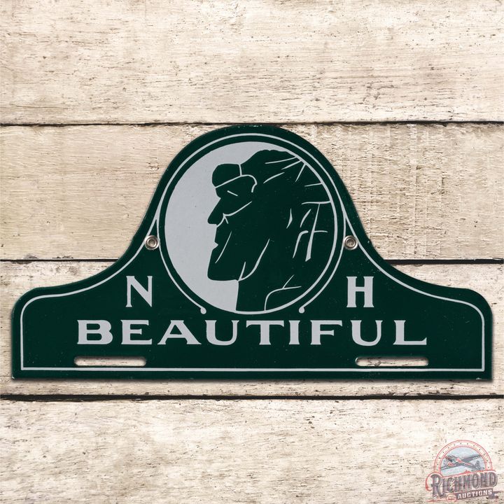 New Hampshire "Beautiful" Die Cut SS Porcelain License Plate Topper Attachment