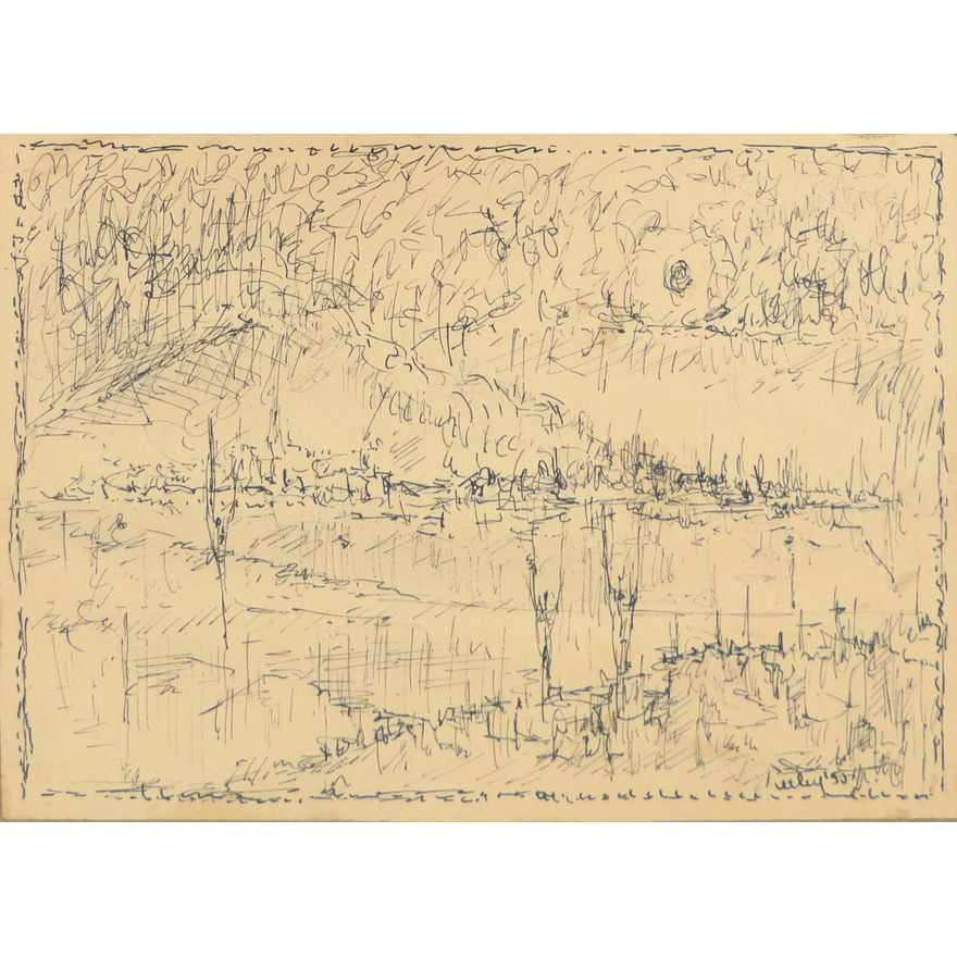 Windsor Utley (1920-1989 Washington) 'Coastal Landscape' 1950 Ink on Paper Framed- 12.5x11.5''