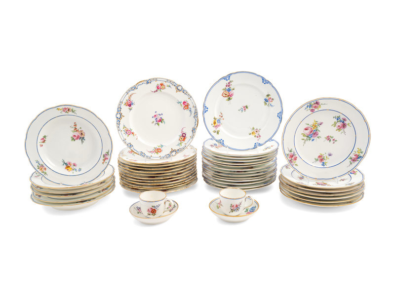 An Assembled Sèvres Porcelain Part Service Painted with Loose Bouquets (Fleurs Détachées)
