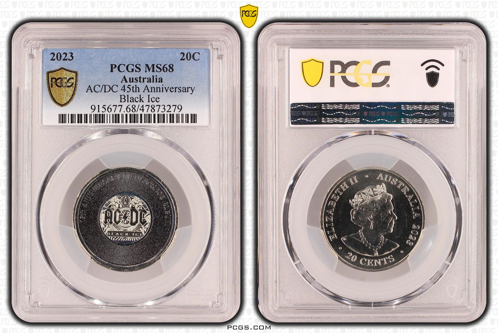 AC/DC 45th Anniversary - Black Ice, Twenty Cent, 2023, PCGS MS68