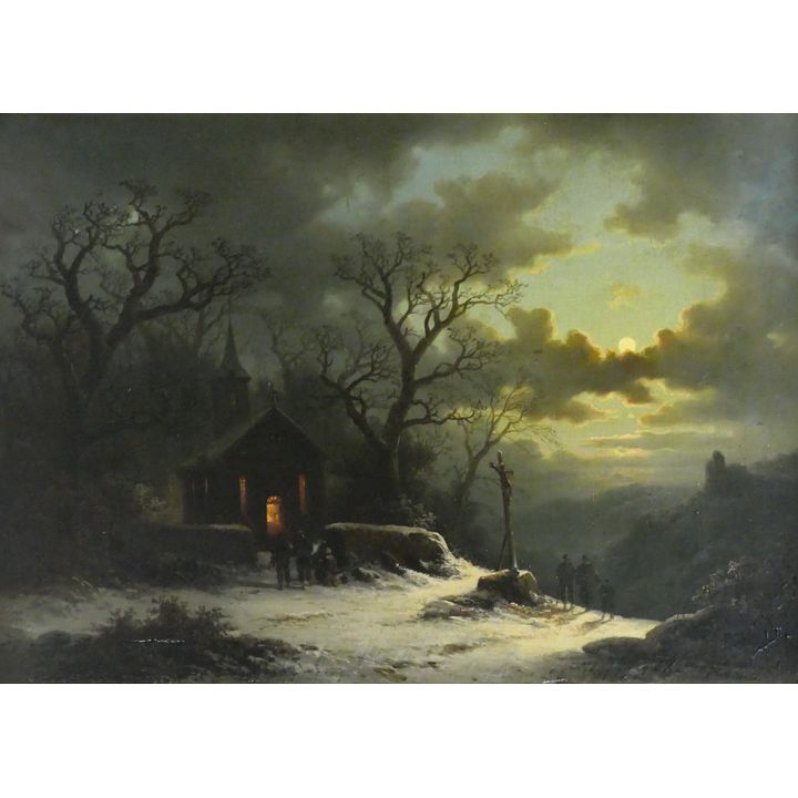 Celestine Brugner ''Night Scene, Winter'' Oil