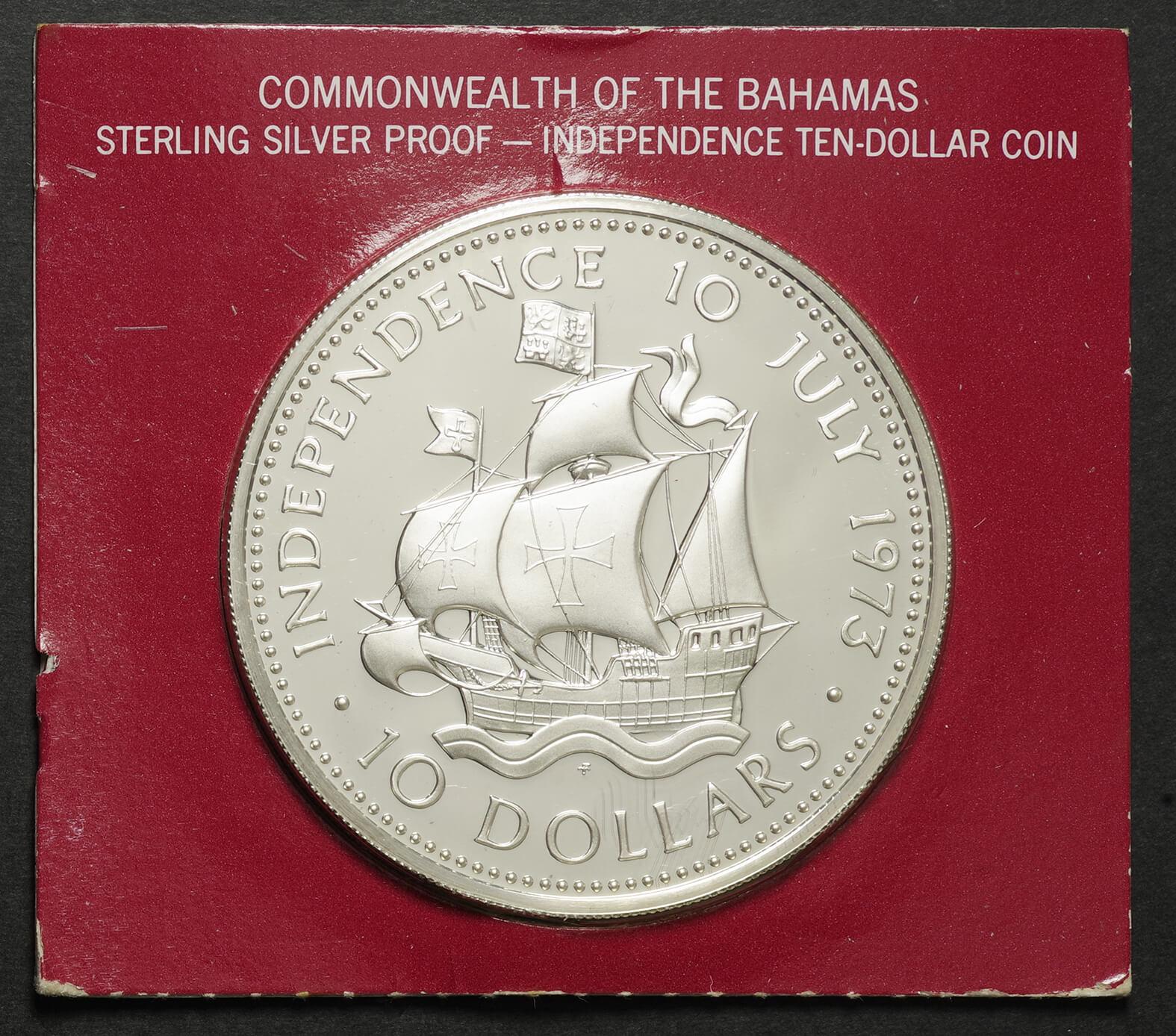 バハマ-Bahama 独立記念<帆船サンタマリア号> 10ドル銀貨 1973年 KM42 