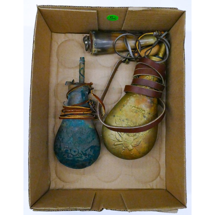 Box Old Brass Powder Horns etc.