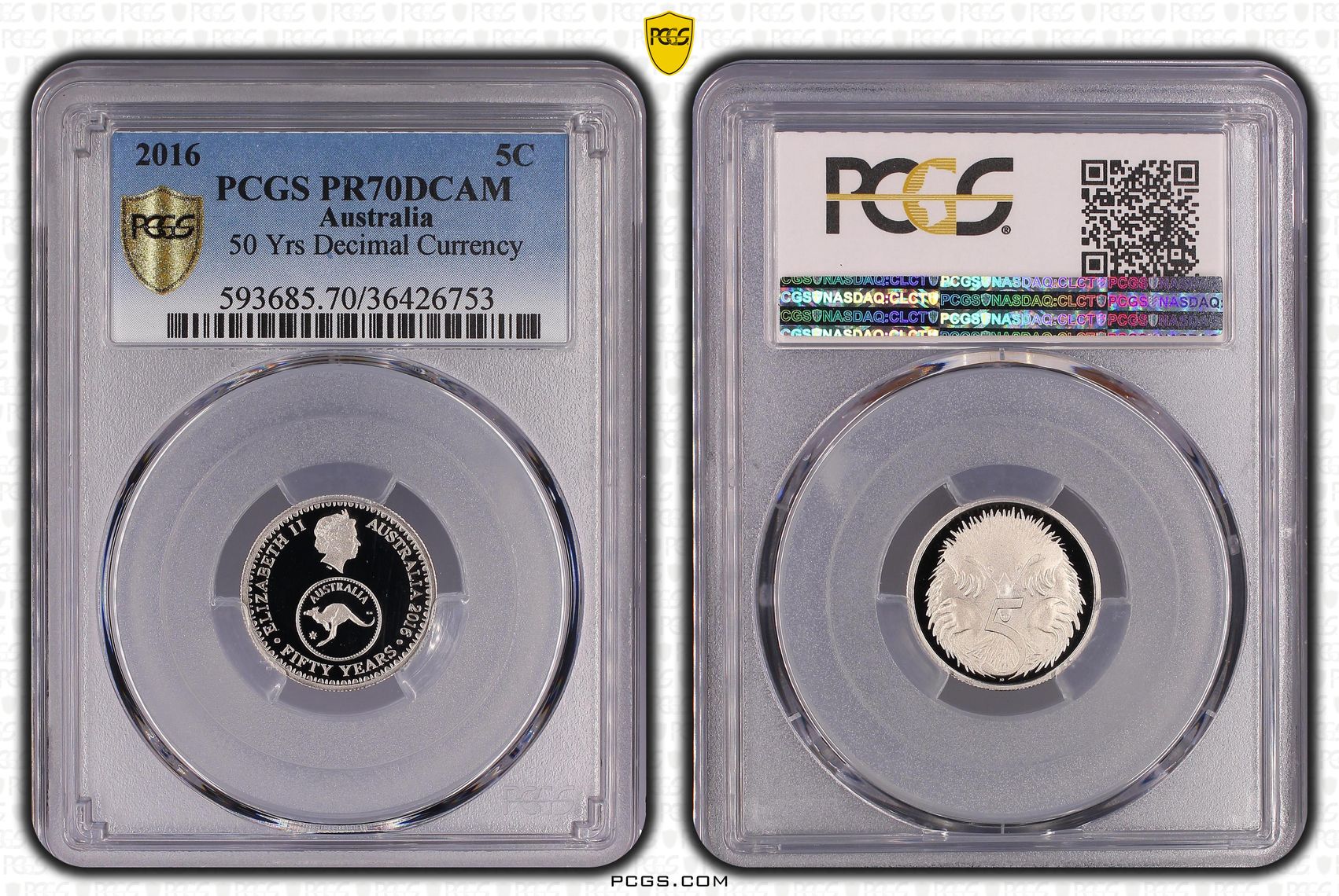50 Yrs Decimal Currency, top pop, Five Cent, 2016, PCGS PR70DCAM
