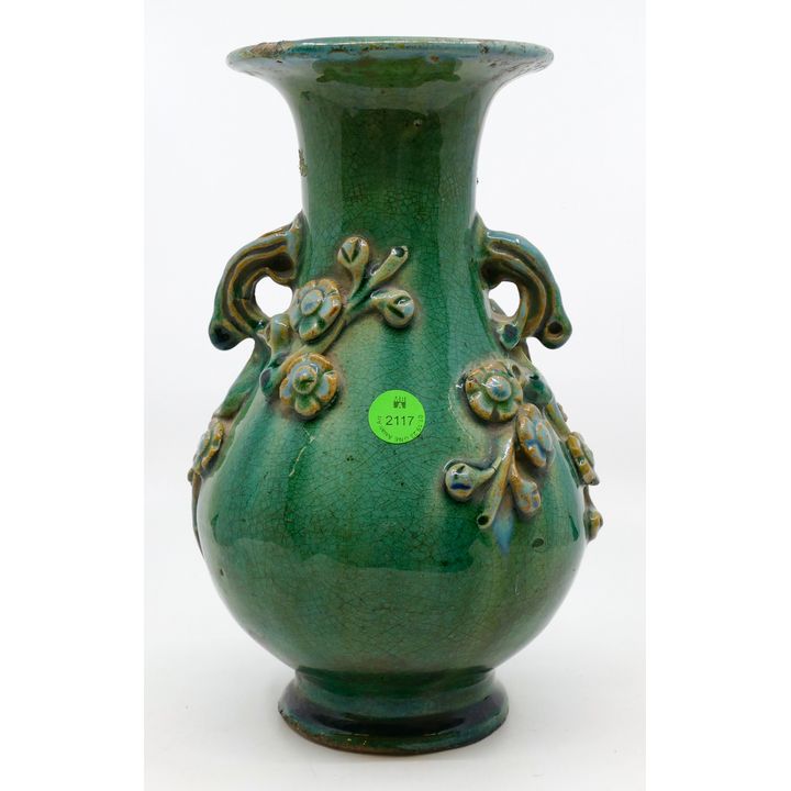 Old Chinese Shiwan Prunus Handled Vase 10''
