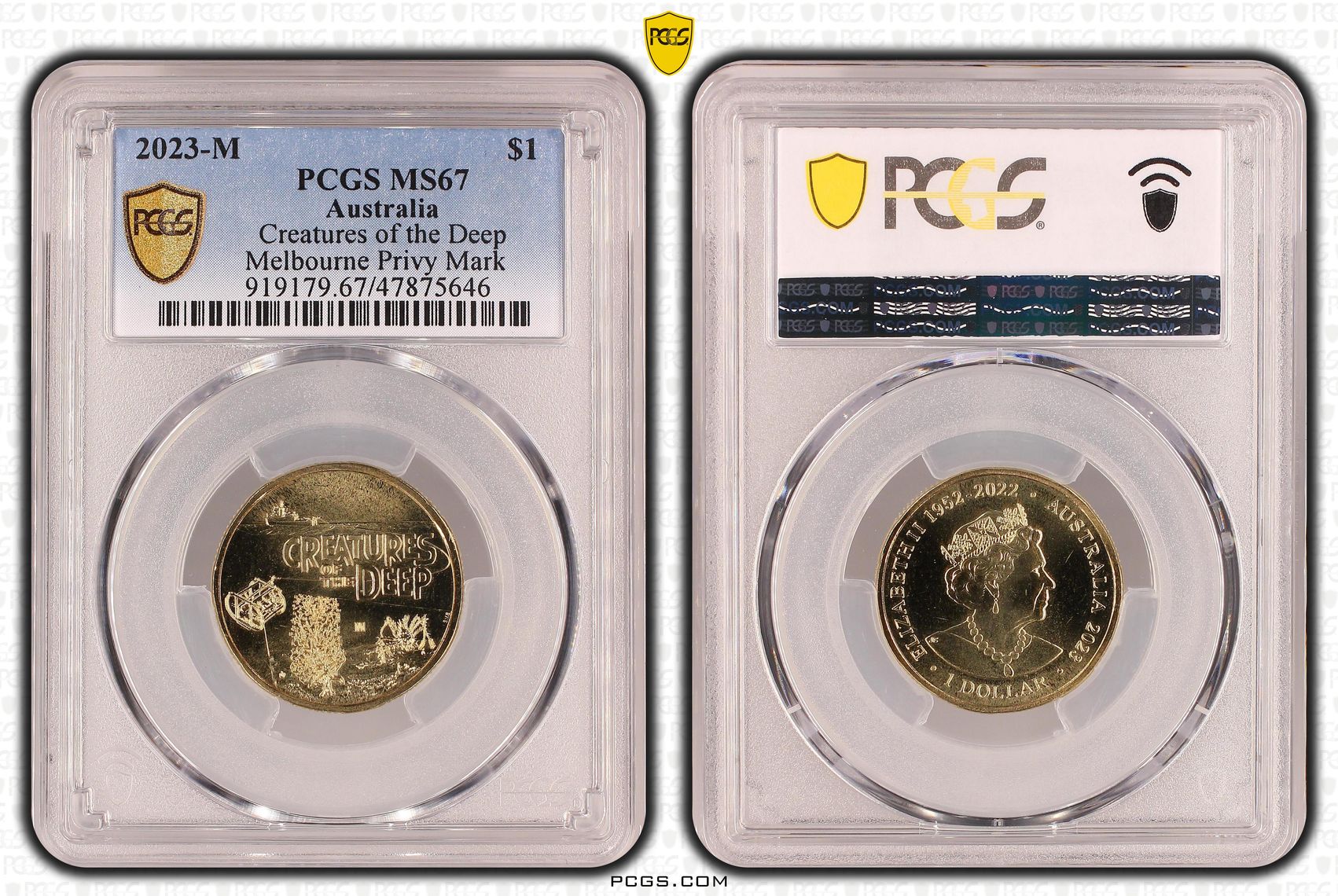 302 · Elizabeth II, Creatures of the Deep Privy Mark , One Dollar, 2023-M, PCGS MS67