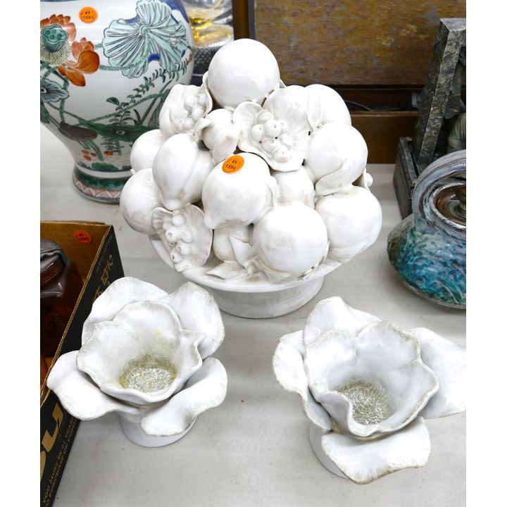 3pc White Pottery Fruit Center Group & Flowers 4'' to 10'' (LR)