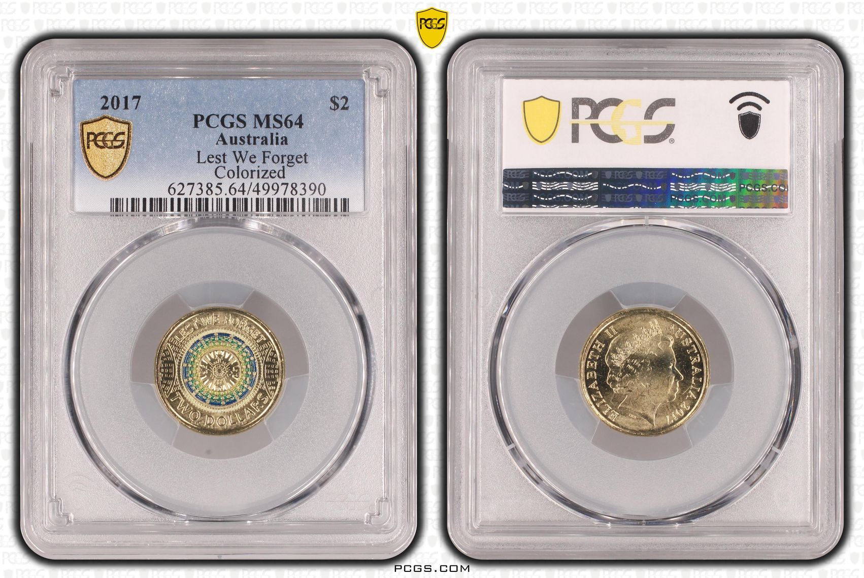 464 · Lest We Forget Colourised, Two Dollar, 2017, PCGS MS64