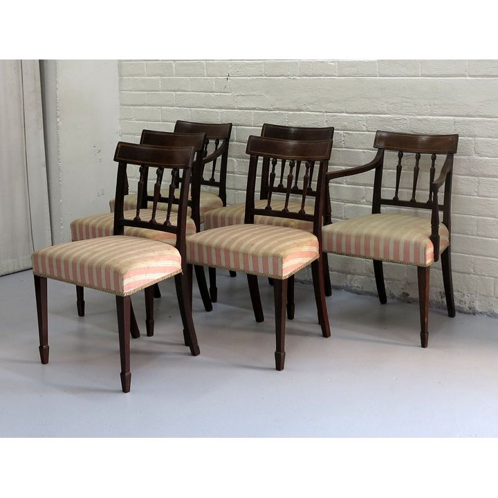 SET OF 6 19TH CENTURY REGENCY STYLE CROSS BANDED MAHOGANY DINING CHAIRS, including pair of carvers