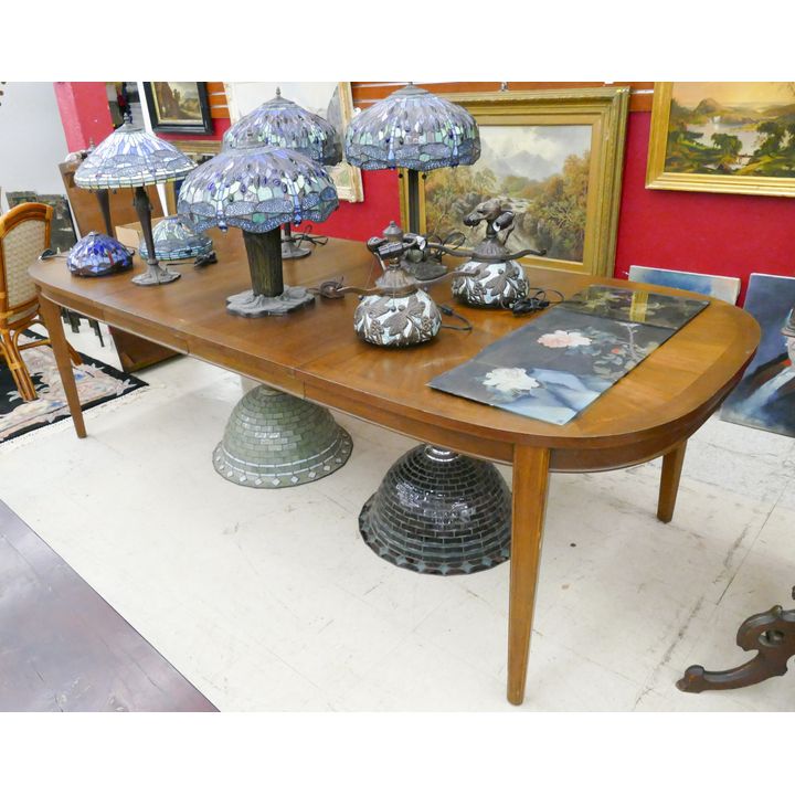 Midcentury Walnut Oval Dining Table with 3 Skirted Leaves- 31x66x44'' with 20'' leaves