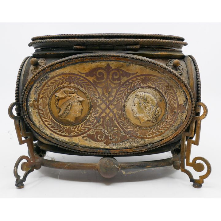 Victorian Metal Medallion Jewelry Casket 7'' - Missing bottom plate