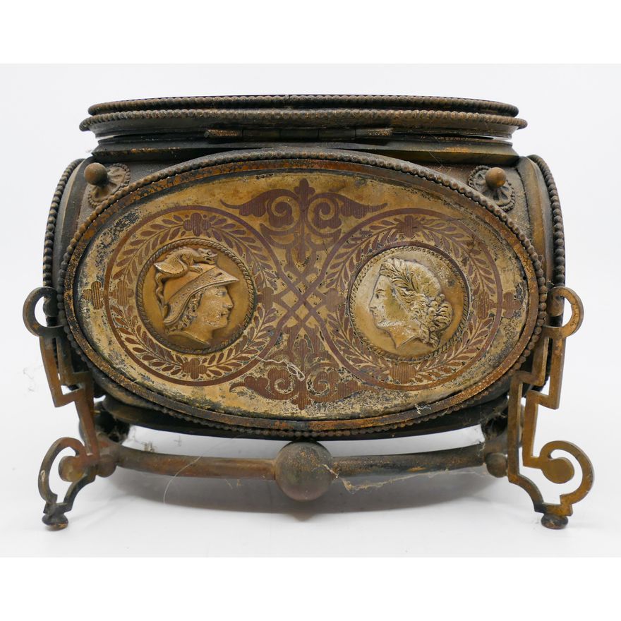 Victorian Metal Medallion Jewelry Casket 7'' - Missing bottom plate