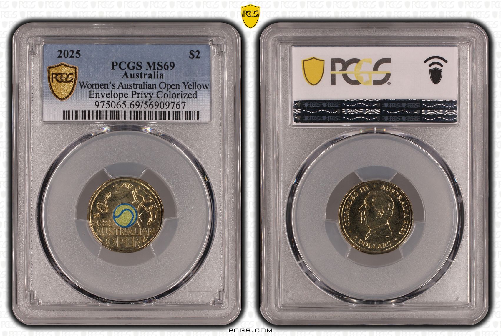 Women's Australian Open Yellow Envelope Privy Colourised, Two Dollar, 2025, PCGS MS69