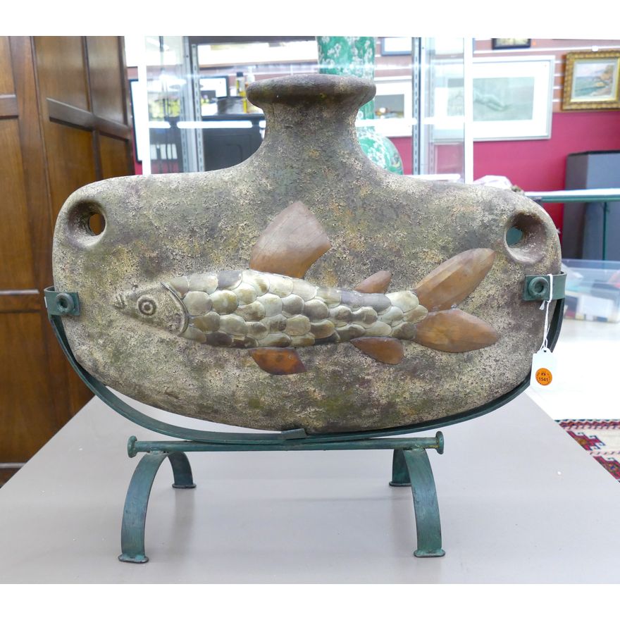 Large Decorative Fish Ceramic Vessel on Stand 19''x22''