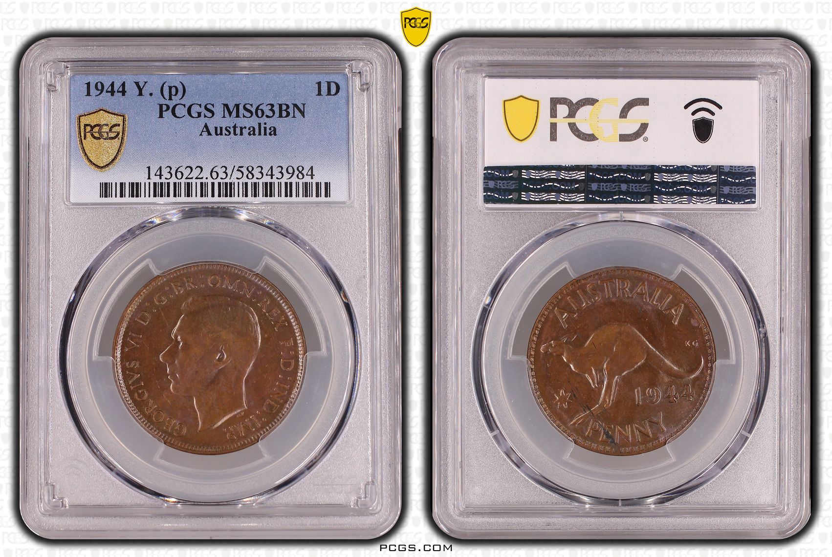 George VI, Penny, 1944 Y., PCGS MS63BN
