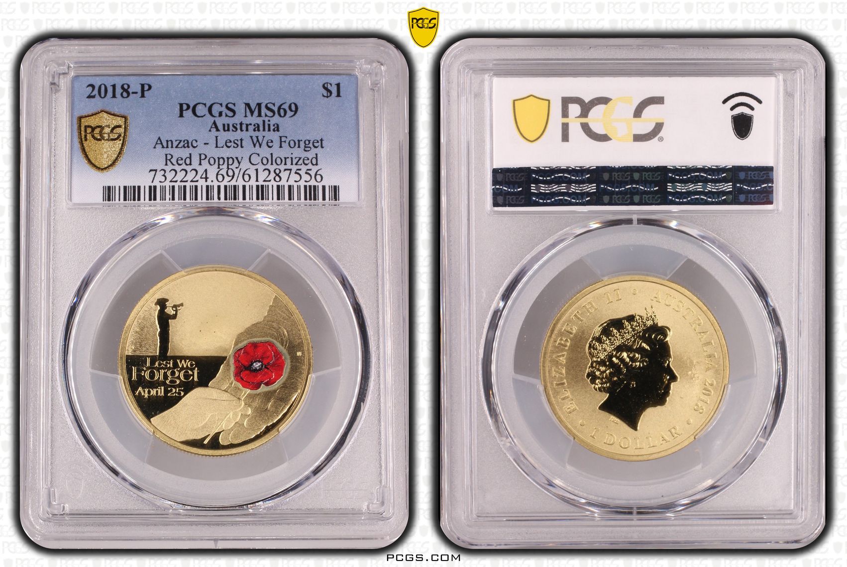 Anzac - Lest We Forget Red Poppy Colourised, POP 8/0, One Dollar, 2018-P, PCGS MS69