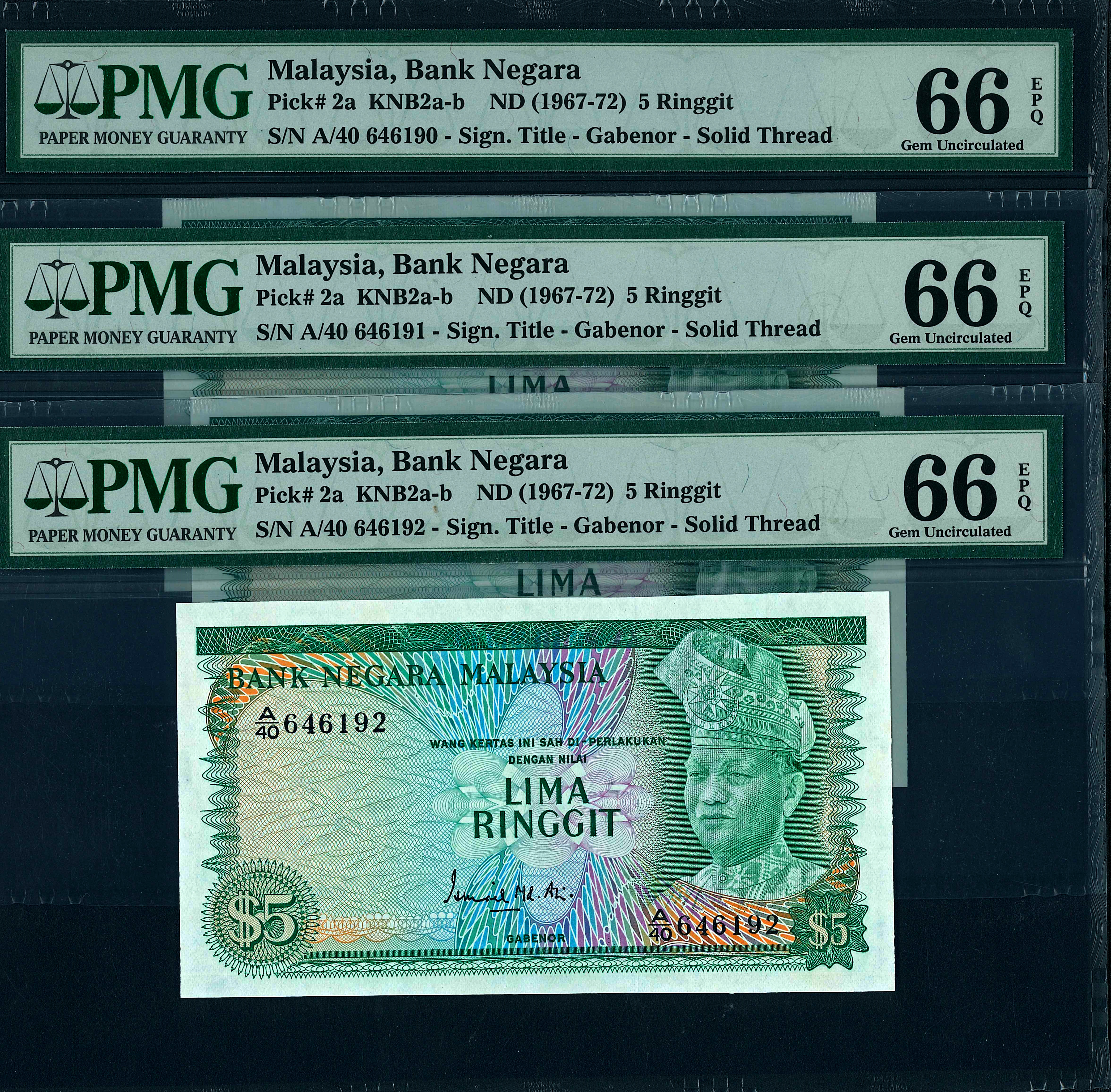 Malaysia 1st series, 5 Ringgit, S/N. A/40 646190-192, 3