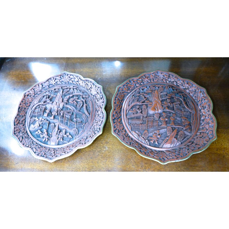 Pair Old Chinese Cinnabar Foliate Rim Dishes 7.5''