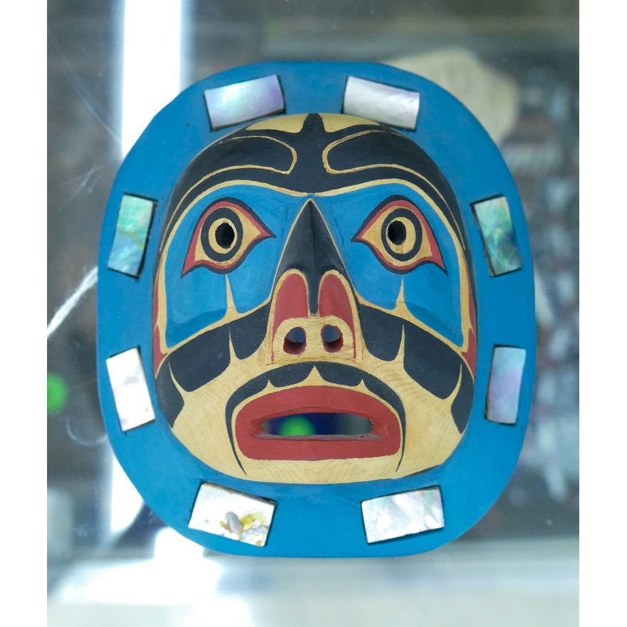 Gene Brabant (Canadian) Miniature Moon Cedar Mask with Abalone Inlay 4''