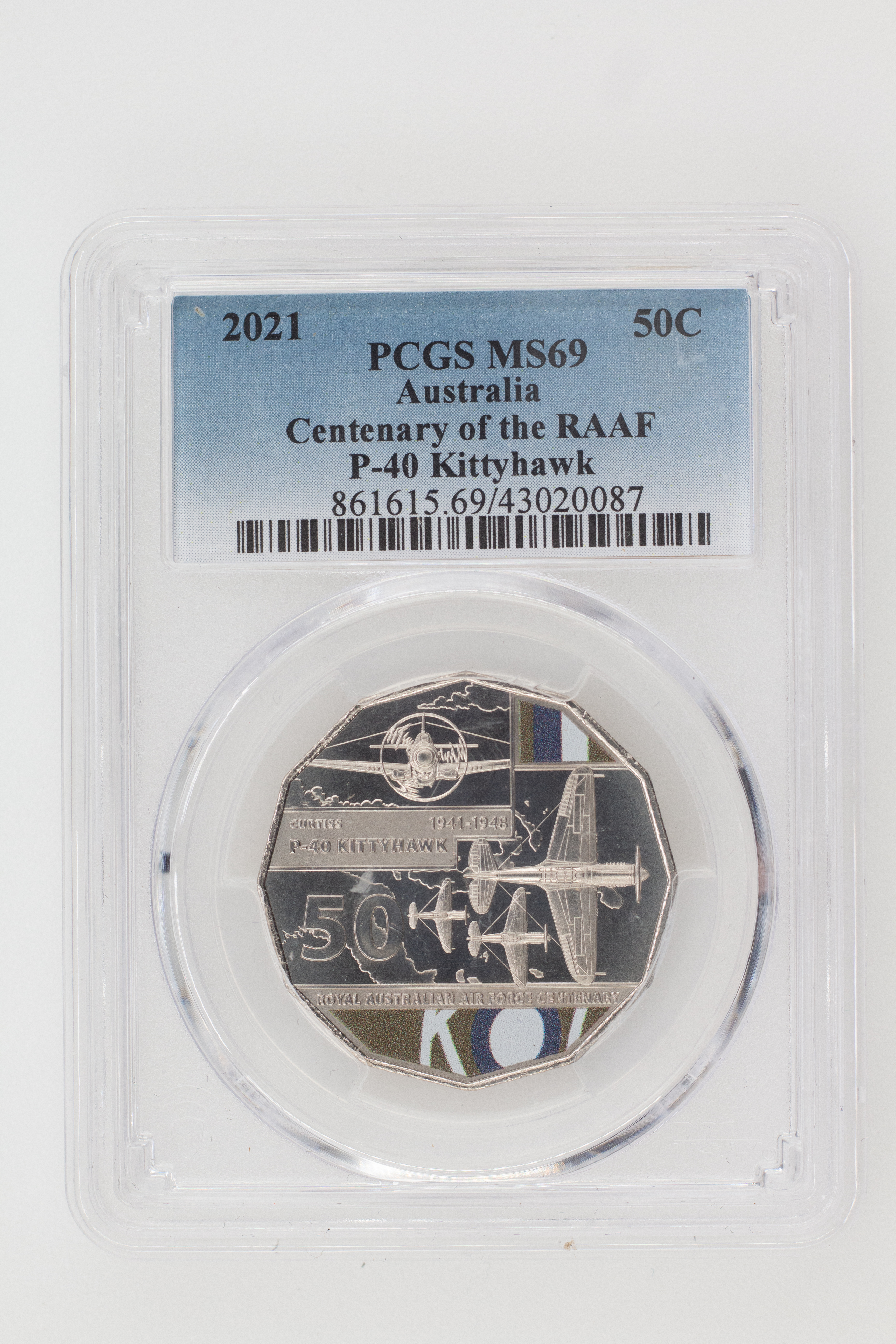 2021 Australia Fifty Cent, 50c Centenary of the RAAF P-40 Kittyhawk PCGS - MS69 POP 9/0 -087