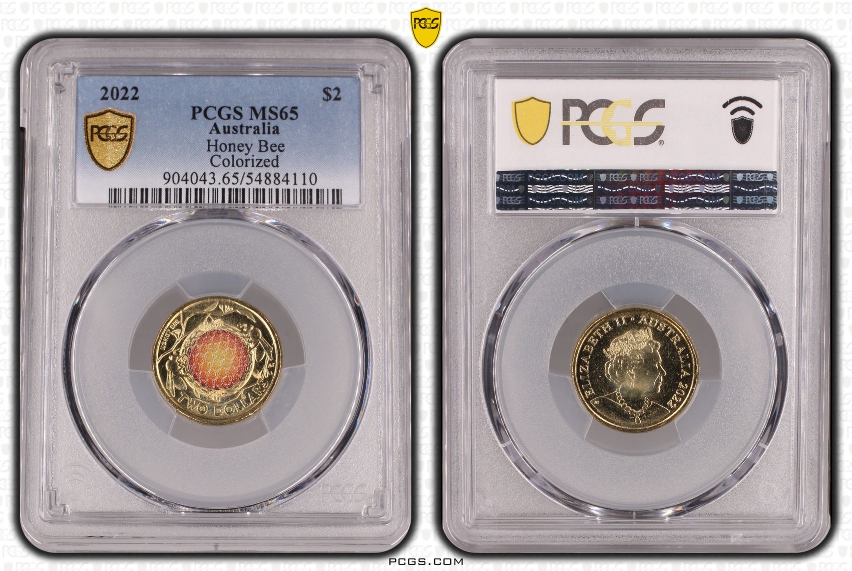 Honey Bee Colourised, Two Dollar, 2022, PCGS MS65