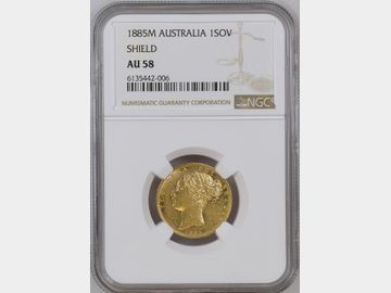 1885 VICTORIA YOUNG HEAD MELBOURNE MINT SHIELD GOLD SOVEREIGN AU58