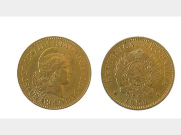1888 Argentina Republic Gold 5 Peso (One Argentino) Coin