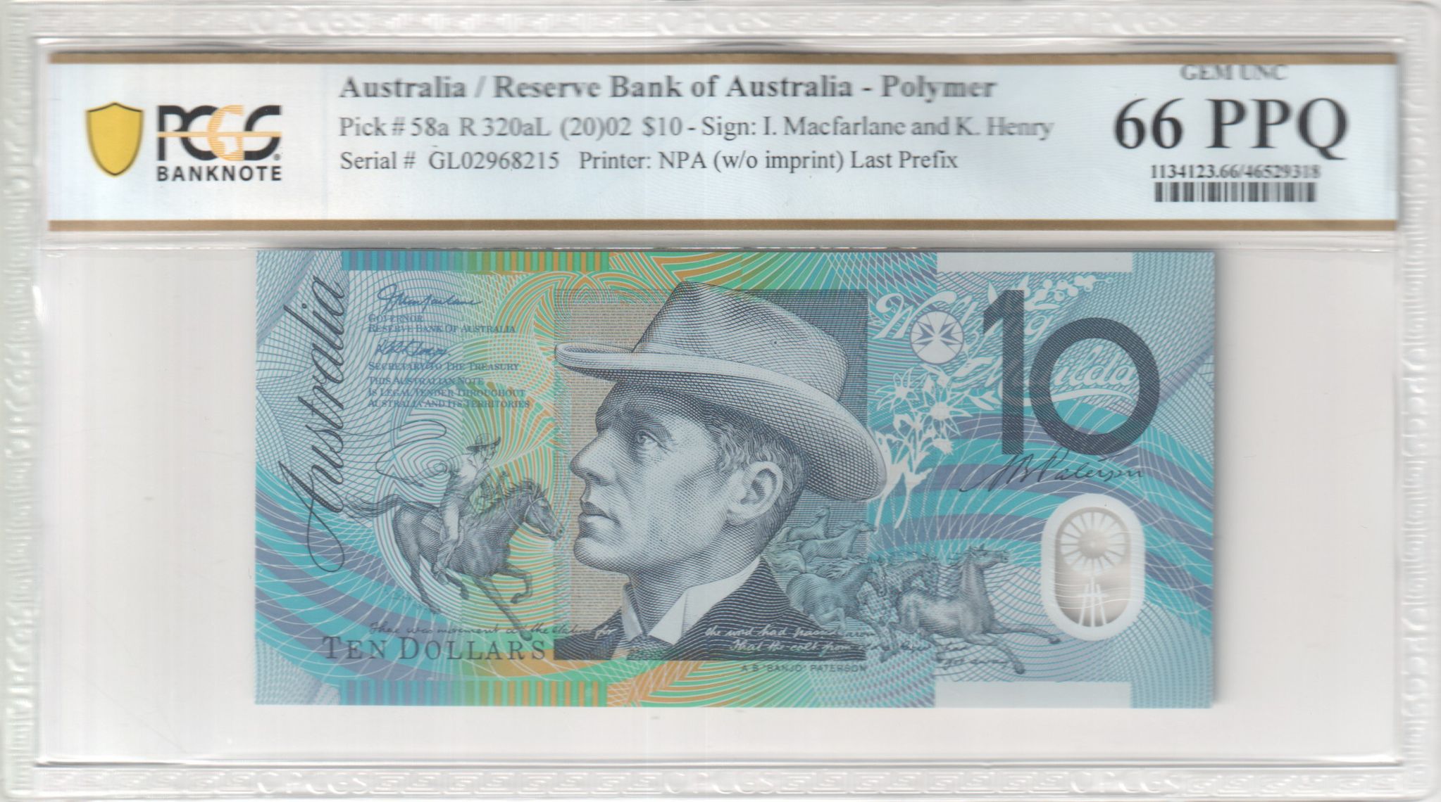 Macfarlane/Henry, Last Prefix, Ten Dollar, 2002, PCGS Gem UNC 66 PPQ