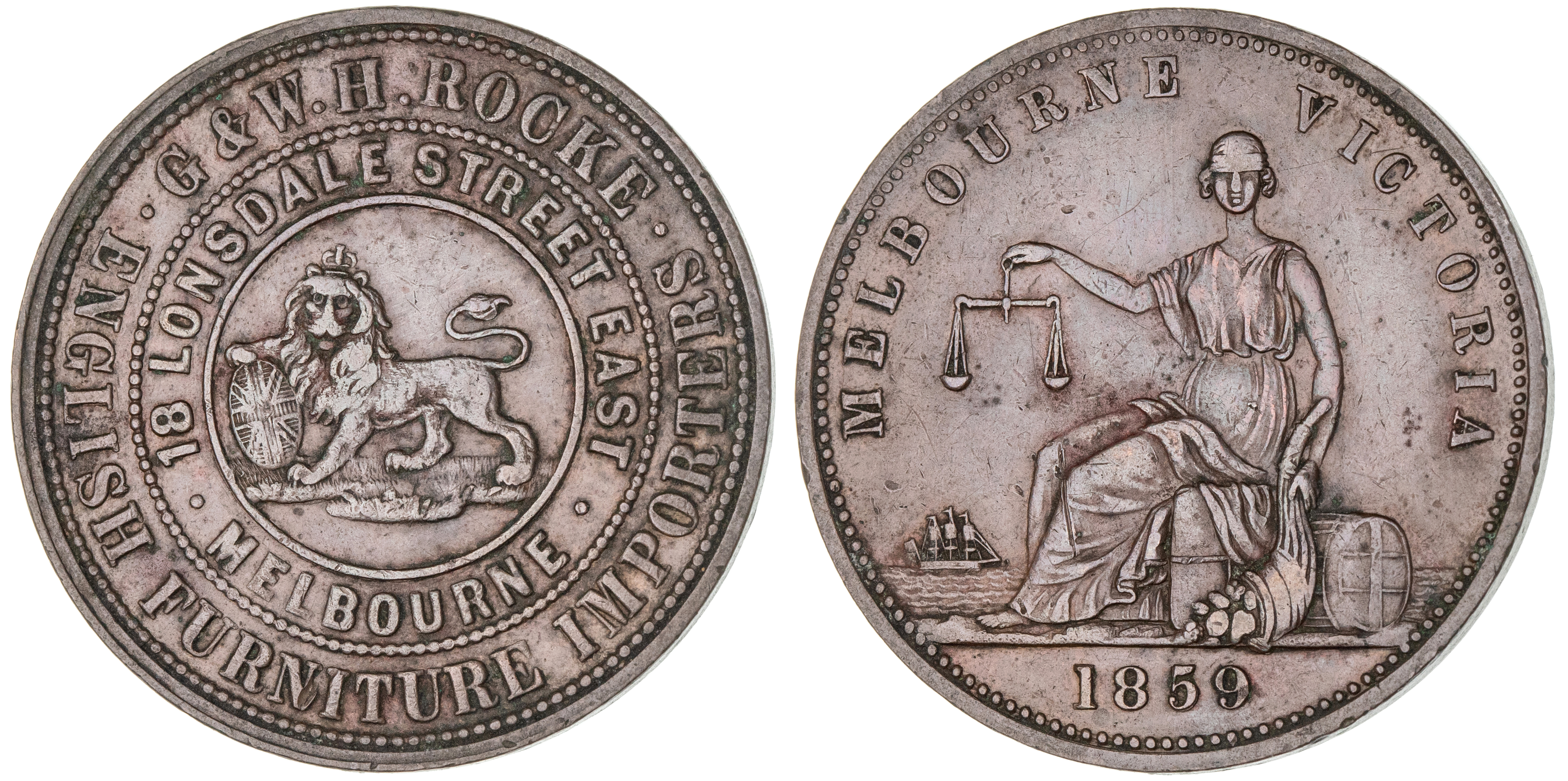 Melbourne, Victoria, G. & W. H. Rocke, Penny, 1859, VF