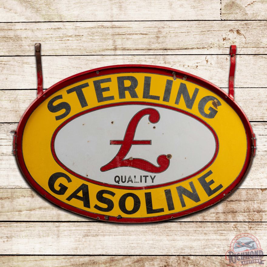 Sterling Quality Gasoline 5' Double Sided Porcelain Sign w/ Factory Ring "Minor"