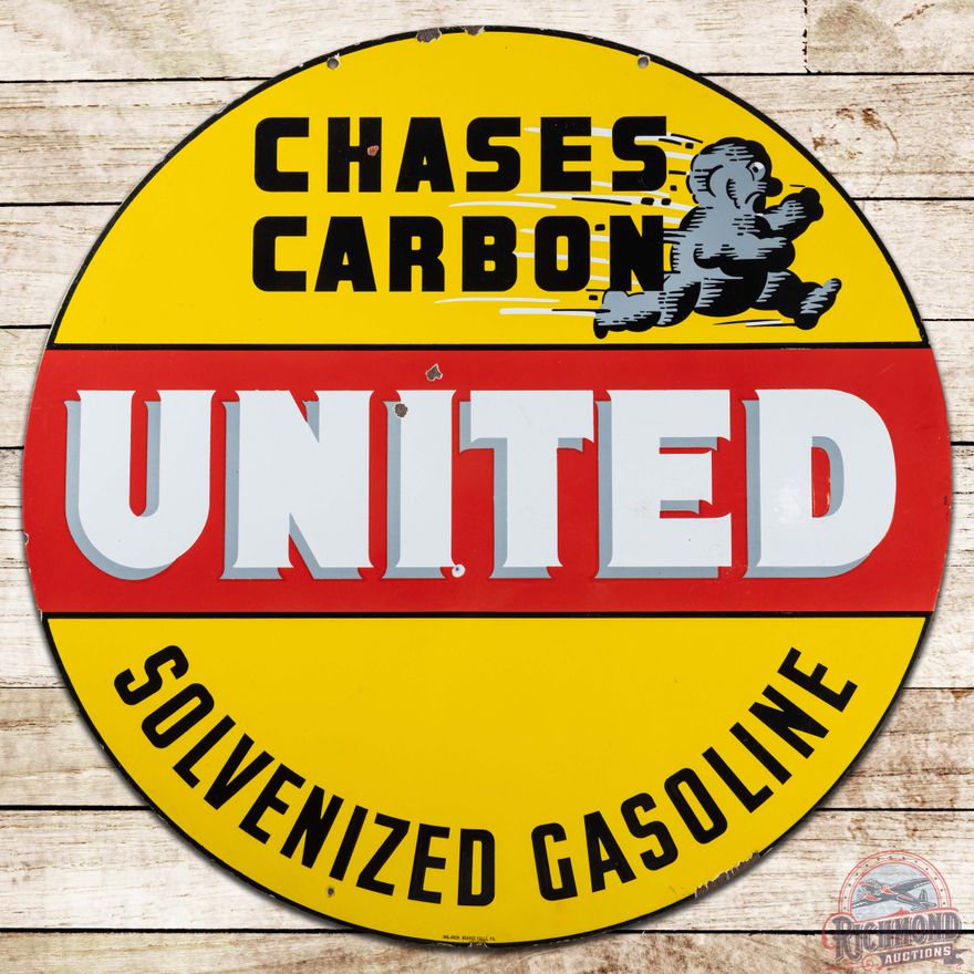 United "Chases Carbon" Solvenized Gasoline 30" DS Porcelain Sign w/ Dirty Dan