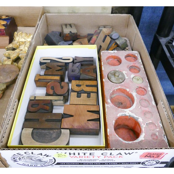 Box Antique Type Set Wood Letters and Weights