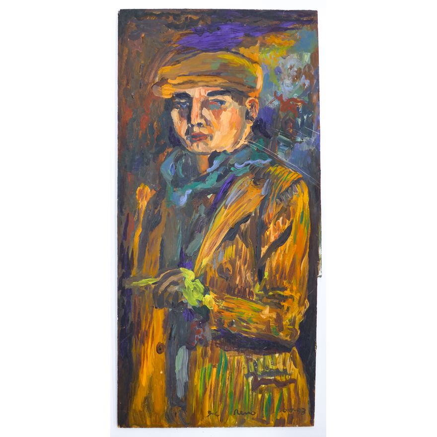 Joe Reno ''Man in Newsboy Hat'' Signed 1993 Oil on Board 23.25''x11.25''