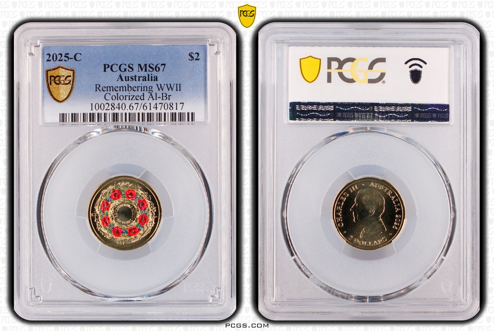 Remembering WWII Colourised AlBr, Two Dollar, 2025-C, PCGS MS67