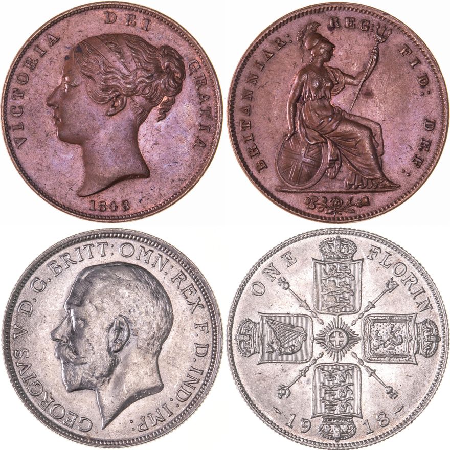 Great Britain, Victoria - George V, Penny and Florin, 1948/7 - 1918, VF - aEF