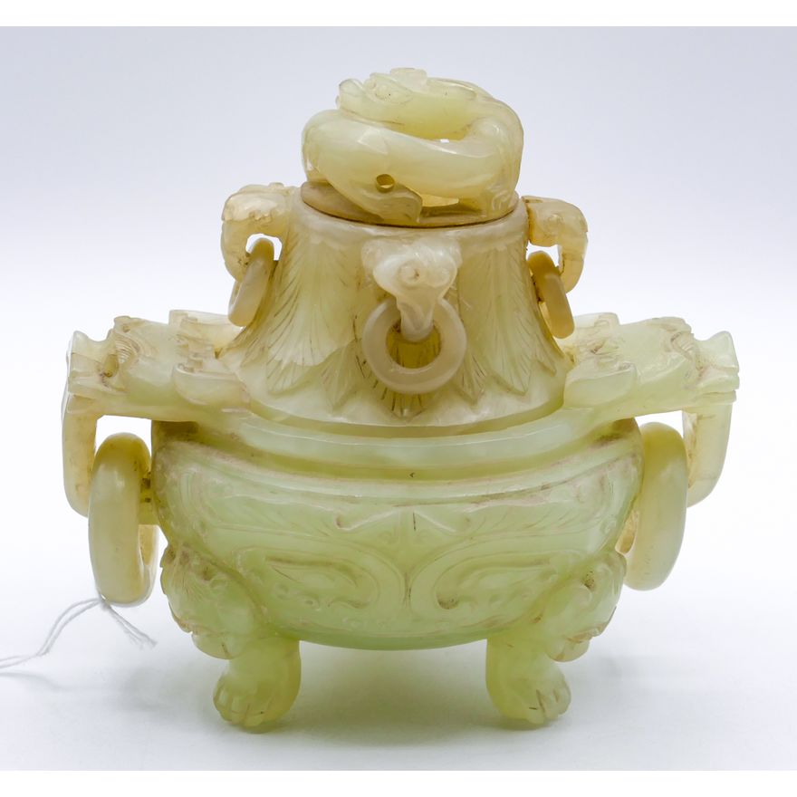 Old Chinese Jade Archaic Tripod Covered Censer 7''