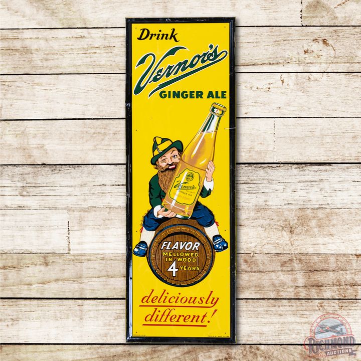 1950 Drink Vernor's Ginger Ale Embossed Vertical Metal Sign TAC 7.75