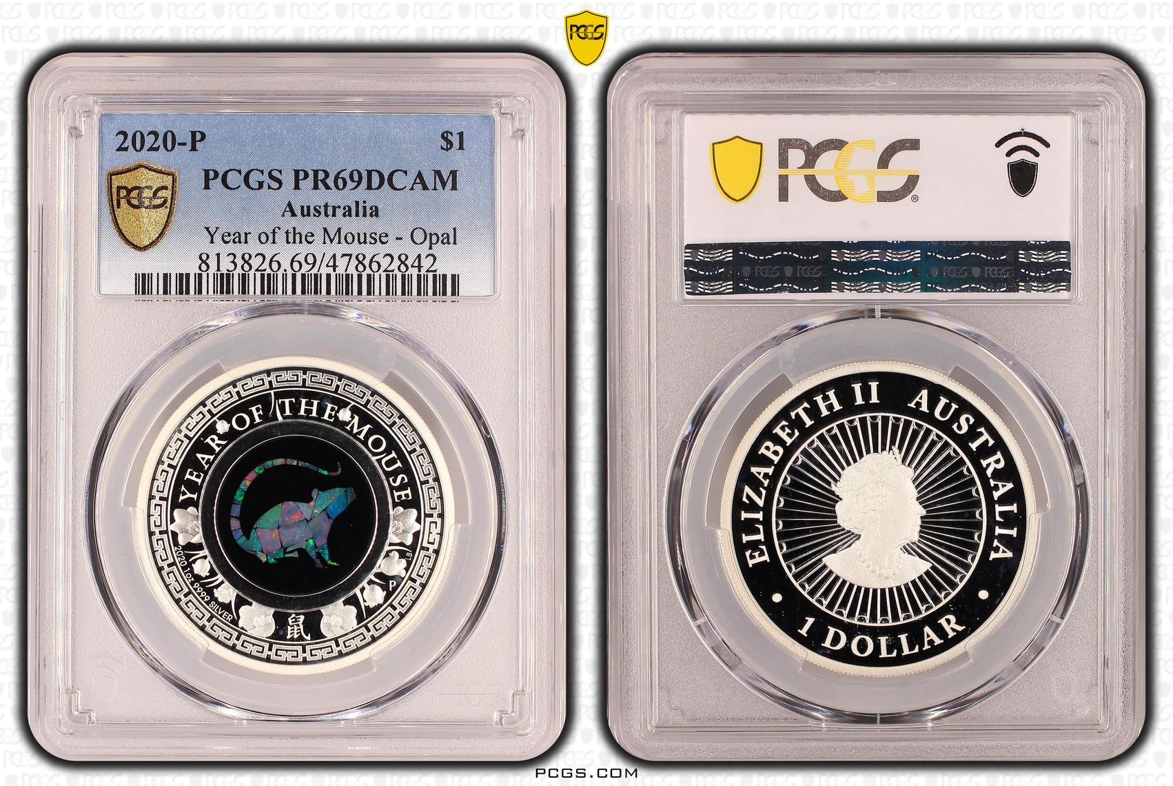 Year of the Mouse Opal Ag, One Dollar, 2020-P, PCGS PR69DCAM