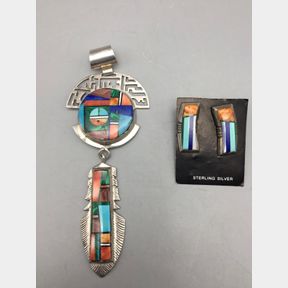Inlay Pendant Earring set by Frank Yellowhorse
