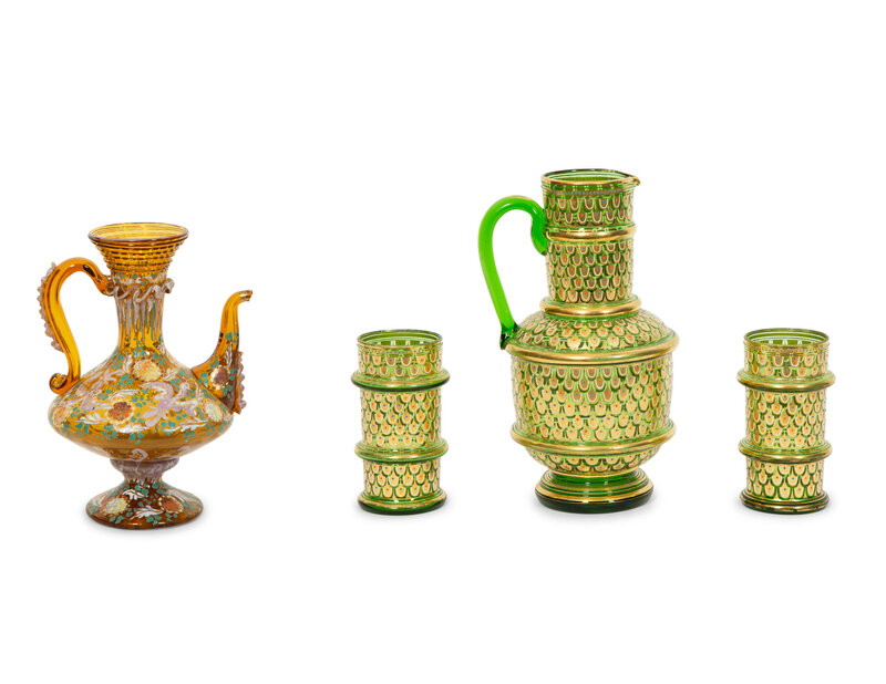 A Continental Enameled Green Glass Pitcher with Two Glasses and A Brown Enameled Glass Ewer 