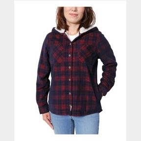 SOHO THREADS WOMENS HOODED SHERPA SHIRT JACKET BLUE RED PLAID SZ LG