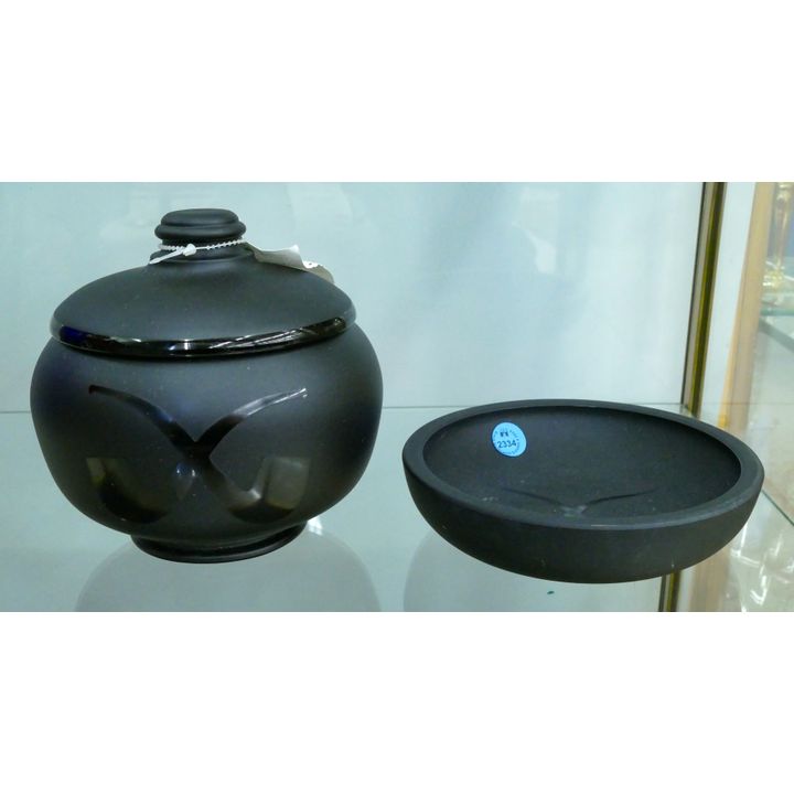 2pc Tiffin Black Satin Glass Humidor & Ashtray 6''