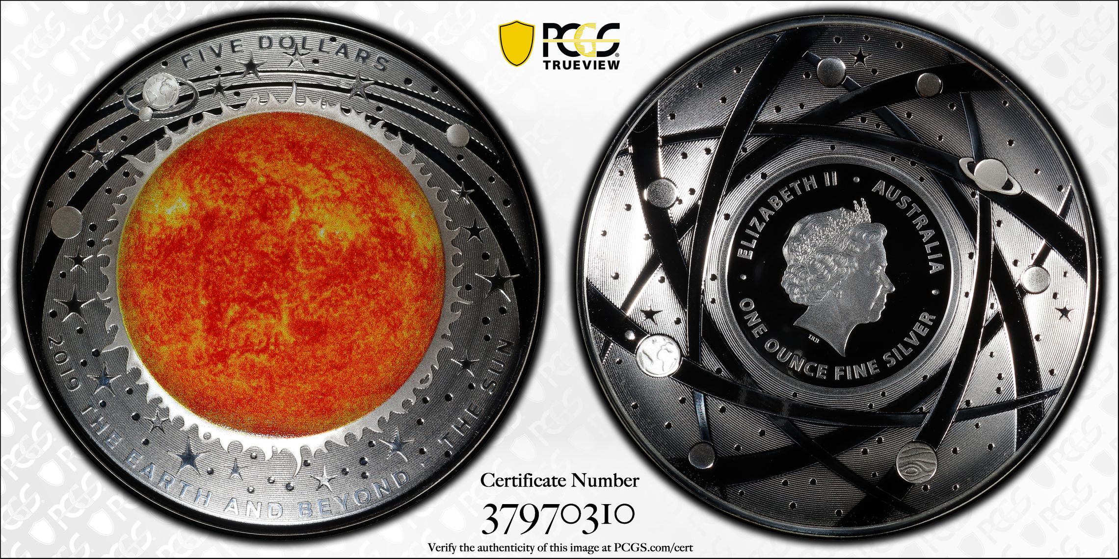 2019 Australia Five Dollar, $5 Silver Proof The Sun PCGS - PR70DCAM POP 16/0 -310