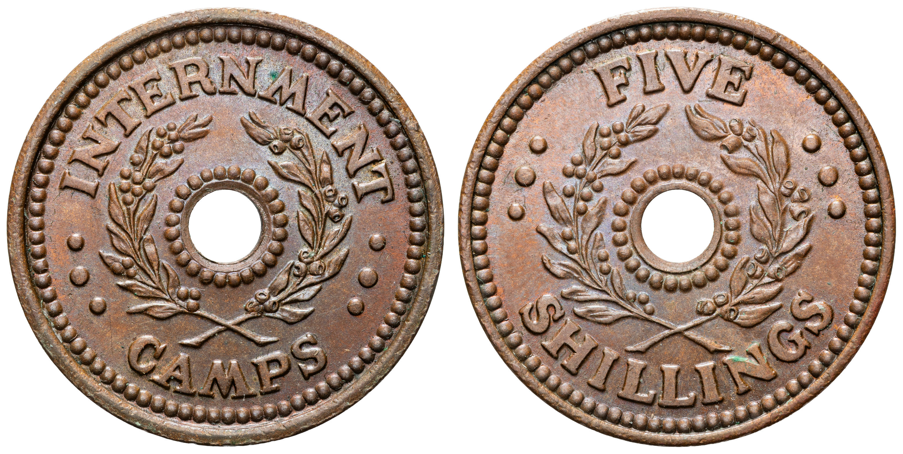 151 · Department of Army Internment Camp Currency Token, Five Shillings, WWII, UNC