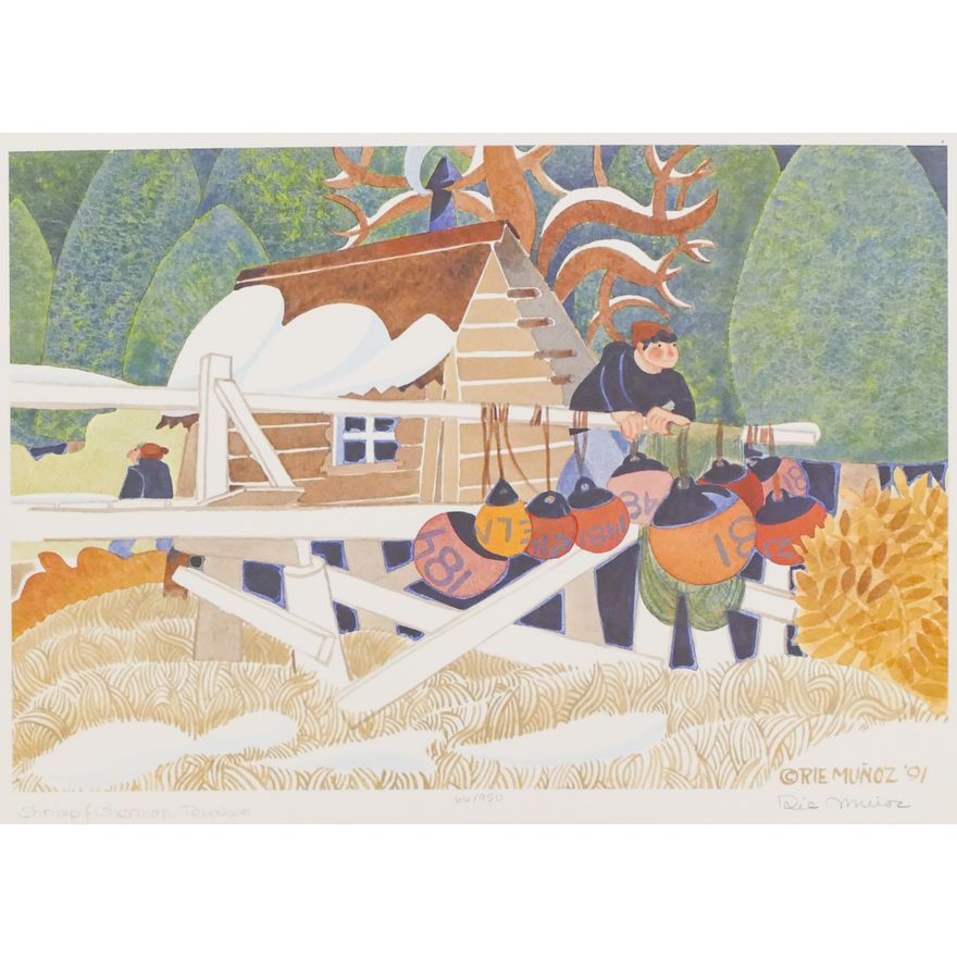 Rie Munoz ''Shrimp Fisherman, Tenakee'' 1991 Signed Print 13''x17'' Sheet.